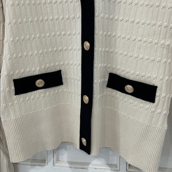 Adrianna Papell V Neck Cable Knit Gold Button Cardigan Sweater Cream Black - M - Picture 4 of 8